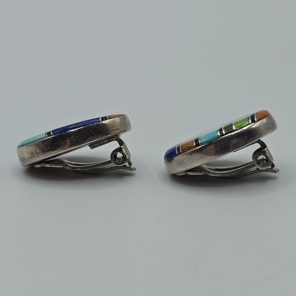 Southwestern Zuni Style Sterling Mosaic Inlay Clip-On Earrings, Handmade, Signed - Picture 3 of 13